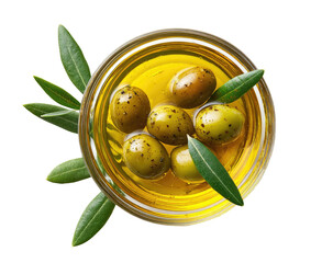 Overhead view of olives in olive oil with leaves