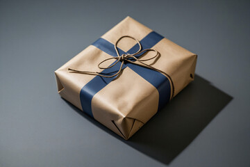 Modern Still Life of Rectangular Present in Kraft Paper with Navy Blue Ribbon Style Stripe and Rustic Twine Bow, Soft Lighting Photography