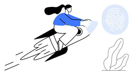 Woman flying on a rocket aiming for abstract digital fingerprint with smooth motion lines and plant detail. Ideal for innovation, technology, startups, progress, creativity, productivity, simple