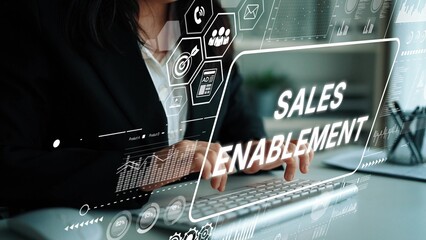 Fototapeta na wymiar Business Professional Engaging in Sales Enablement with Digital Tools and Data Visualization on a Modern Office Desk. Asymptotic smart data analytic.