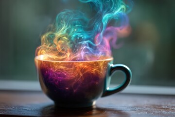 Colorful steam rises from a cup on a wooden surface, creating a mesmerizing display
