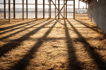 Sunlight filters softly through the broken walls of an abandoned building, casting long, dramatic shadows onto the golden ground below. The scene captures a serene yet haunting beauty in this