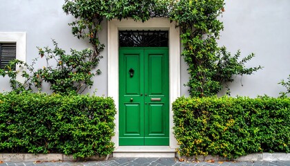 Green door on a light gray building with hedges
