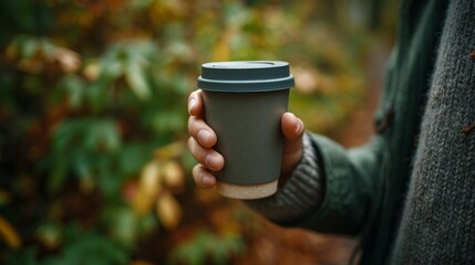 A person holding a reusable cup amidst an autumn forest scene, embodying eco-friendly habits and sustainable living on a crisp, cool day, promoting environmental awareness and responsible consumption