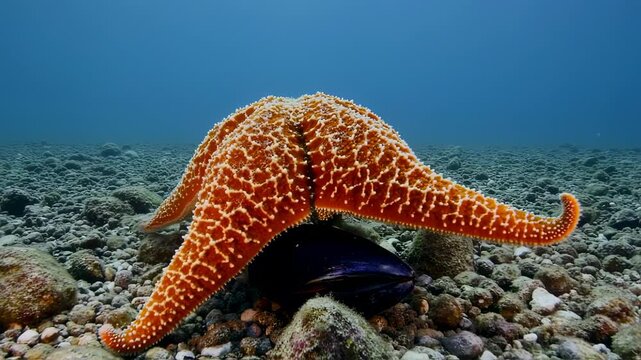 Orange starfish consuming a dark mussel underwater