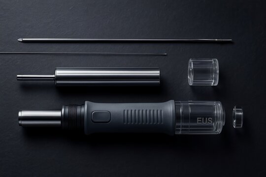 Endoscopic Ultrasound (EUS) fine needle aspiration biopsy set with components disassembled, for gastroenterology procedures, isolated on dark background.