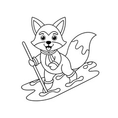 Cheerful Fox Skiing Over Coloring Page