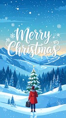 Naklejka premium Winter landscape with Christmas tree and traveler