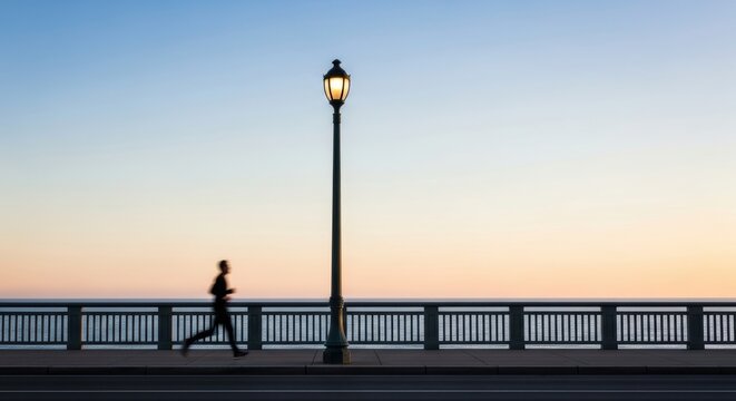 Silhouette of a runner at sunrise on a seaside promenade
