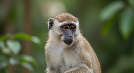 Portrait of a wild macaque monkey in a lush green jungle setting.