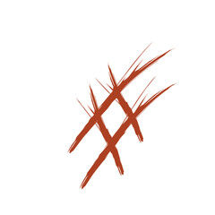 A rough, hand-drawn hashtag symbol created with thick, rust-colored brushstrokes