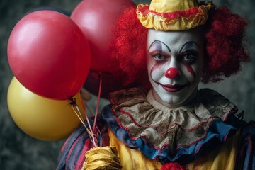 Haunting clown with balloons for Halloween invites or sinister events, suitable for costume parties, cosplay gatherings, horror movie promotions, and adding an eerie touch to your spooky event plans.