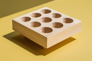 Light Wooden Block with Eight Circular Cutouts in 3x3 Grid, Smooth Matte Finish and Simple Geometric Design on Vibrant Yellow Backdrop