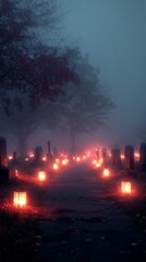 An atmospheric Halloween night with swirling fog over a graveyard, lanterns casting shadows, and fog creating sinister faces at windows, offering the perfect haunting scene for spooky seasonal