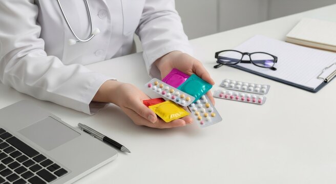 Woman doctor holding colorful condoms and birth control pills. Concept banner of safe sex, contraception, and family planning for medical presentation with copy space.