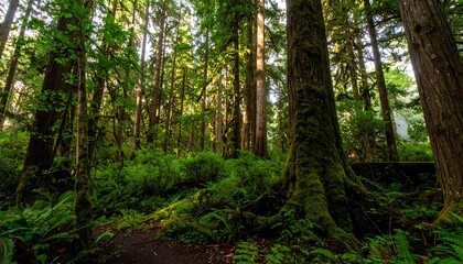 Fototapeta premium Lush, green forest floor with towering trees