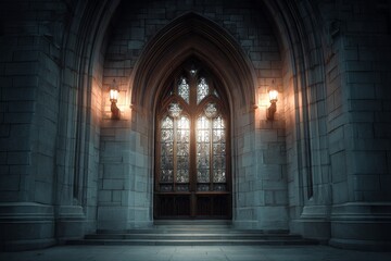 Immerse yourself in gothic design with vibrant stained glass, cozy warm lighting, and rugged stone textures ideal for Halloween or fantasy themes, evoking mysterious, medieval, and magical