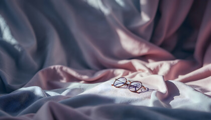 Obraz premium Elegant Round Eyeglasses Placed on Soft, Draped Fabric with Gentle Light and Shadow Play