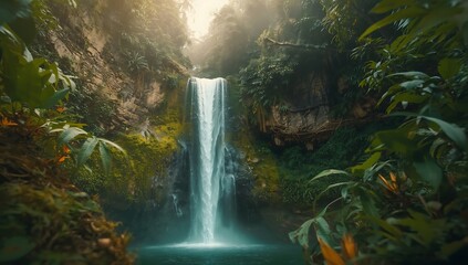 Waterfall flowing through a green forest park with rocks and stream