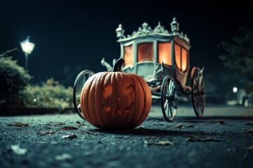 Celebrate the spooky season with a haunting Halloween scene featuring a luminous pumpkin, a vintage carriage, and autumnal ambiance, perfect for fantasy tales, festive events, and mystical