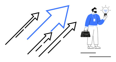 Businessman holding briefcase and glowing lightbulb, surrounded by dynamic upward arrows. Ideal for growth, innovation, strategy, leadership, business success, entrepreneurship, and problem-solving