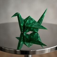 A sculpted origami crane rendered as a cut emerald or deep sapphire, its faceted planes catching and fracturing light as it rests on a highly polished chrome mirror table.