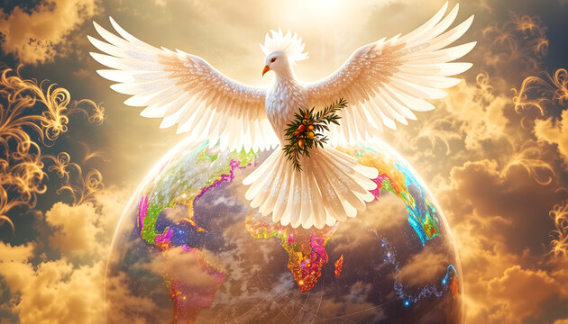 A white dove is flying over a globe with a green leaf in its beak
