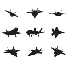 Fighter aircraft silhouettes isolated on white background