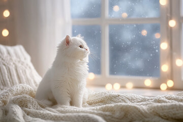 fluffy cat gazes out window mesmerized by twinkling lights of garland