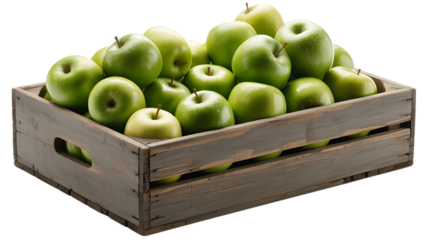 A wooden crate filled with green apples isolated on transparent background