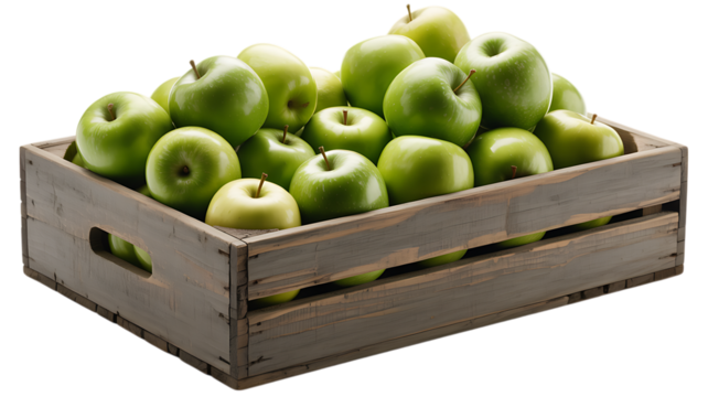 A wooden crate filled with green apples isolated on transparent background