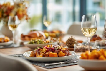 Set a charming fall table with a hearty roast, glasses of wine, and warm decor elements like acorns, candles, and autumn leaves, perfect for celebrating the season’s bounty and creating a cozy dining
