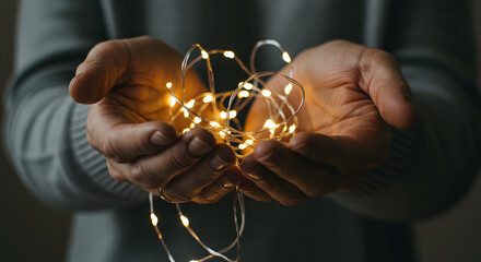 Hands holding warm string lights with soft glow in indoor setting  