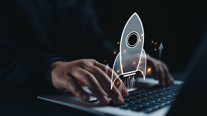 Startup launch and business growth concept, rocket symbolism, entrepreneurship, startup innovation,...