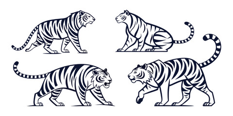 Four Stylized Black And White Tigers In Different Poses On White Background animal wildlife