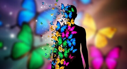 Silhouette of a person transforming into colorful butterflies against a vibrant background.