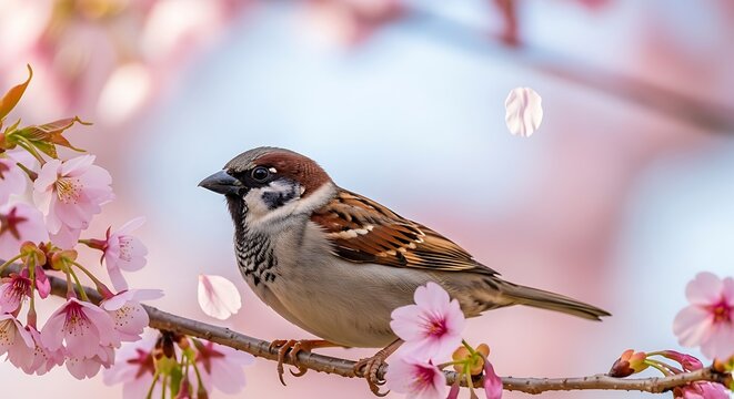 Sparrow perched on a cherry blossom branch in spring.
