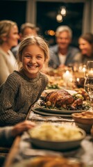 A young girl happily celebrates Thanksgiving dinner with her family, enjoying a festive and hearty feast, surrounded by warmth, laughter, and love, making this holiday a memorable occasion for