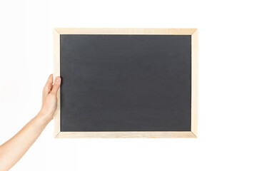 A hand holding a blank blackboard for a custom text