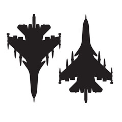 Jet fighter vector silhouette isolated on white background. Military plane symbol. Aircraft with missile on duty patrol