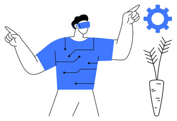 Man wearing VR headset with circuits on shirt interacts with gear and plant. Ideal for innovation, farming, VR tech, smart agriculture, education, future trends, flat metaphor