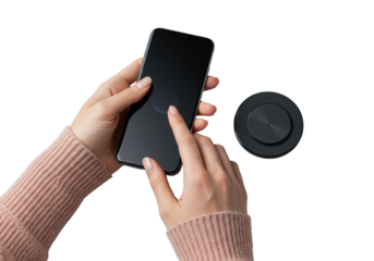Caucasian woman's hands, pink sweater, cradling sleek dark smartphone; glowing screen, charging pad, soft bokeh, transparent background, `Modern tech user experience concept`