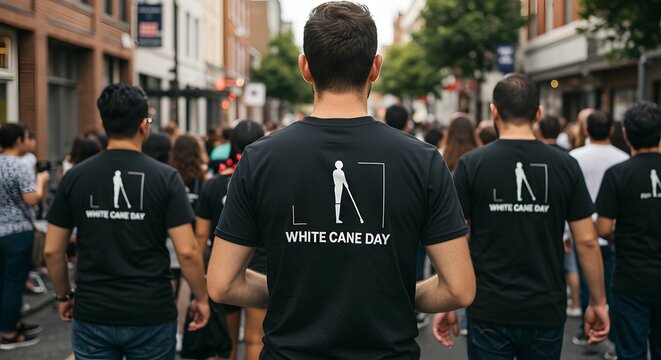 Group of people participating in White Cane Day street event  