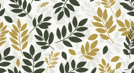 Seamless pattern of olive green and golden leaves on a light background, creating a natural and elegant design, perfect for various creative projects
