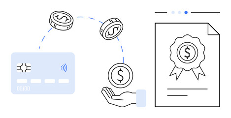 Obraz na płótnie Canvas Credit card transfers coins into a hand, representing finance, payment security, and certification. Ideal for banking, fintech, digital transactions, online shopping, payment gateways saving tips