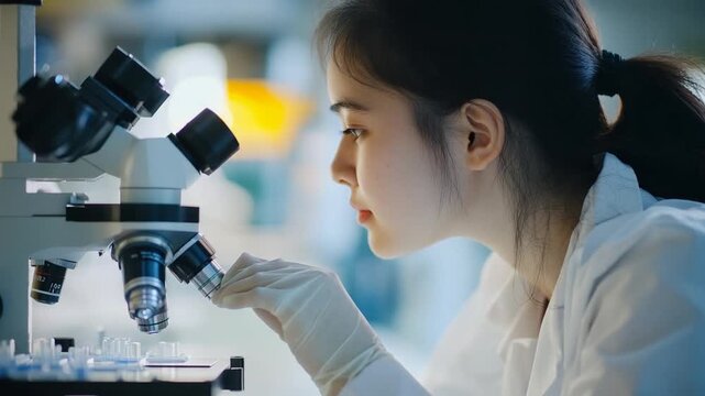 Young scientist examining samples under microscope in lab