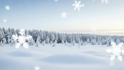 A serene winter landscape features a dense forest of snow-laden trees a vast snow-covered field and large glowing snowflakes falling against a light blue sky - Powered by Adobe