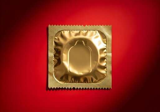Golden condom package with copy space on red background. Safe sex and sexual health banner template concept for awareness of contraception day and prevention of sexually transmitted diseases. - Powered by Adobe