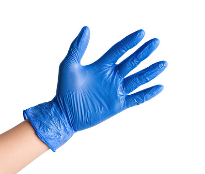 Close-up of a bright blue disposable glove on a hand