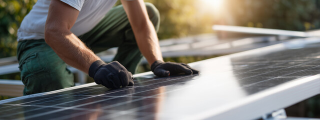 Obraz premium A worker installing a solar panel on a roof, showcasing renewable energy and sustainability. The image conveys dedication and environmental consciousness